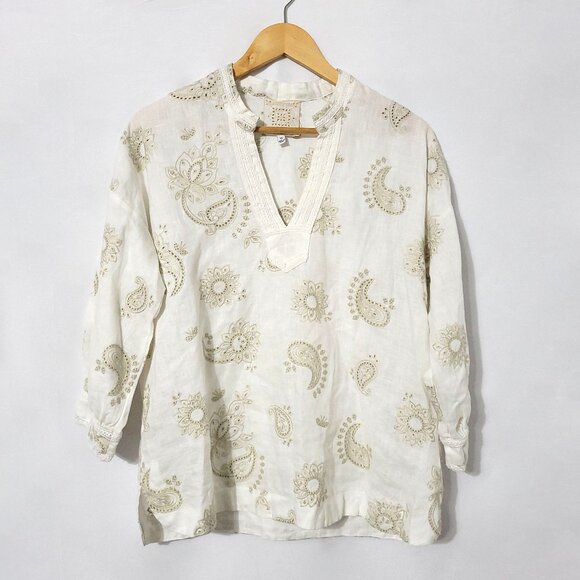 Johnny Was Womens Linen 3/4 Sleeve Skyler Top Size XS Cream Eyelet Popover Boho - Picture 1 of 11